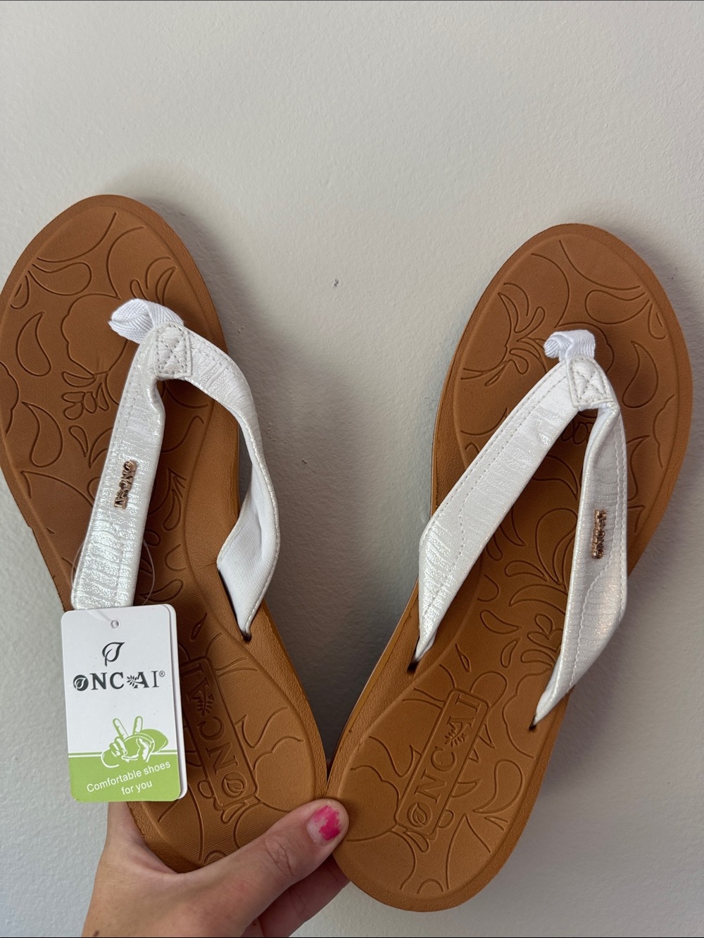 Women's White Fabric Flip Flop Sandals with Tan Footbed